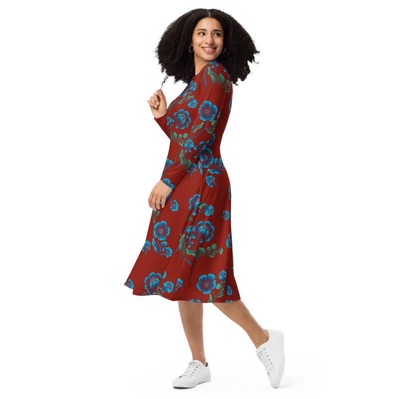 Burnt Orange Floral long sleeve midi dress S
