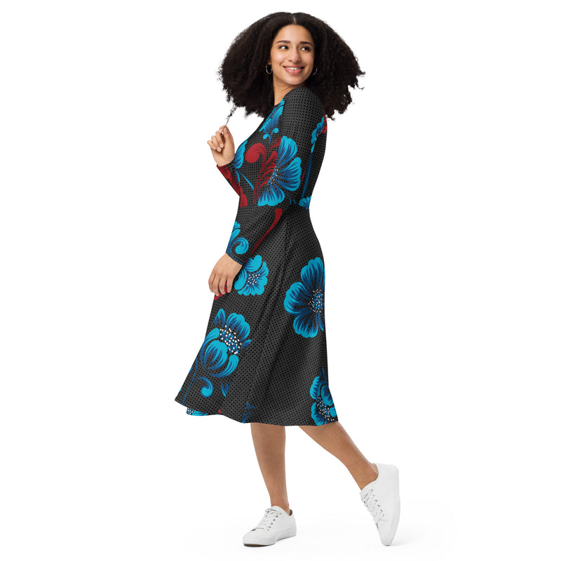 All-over print long sleeve midi dress - Objet D'Art
