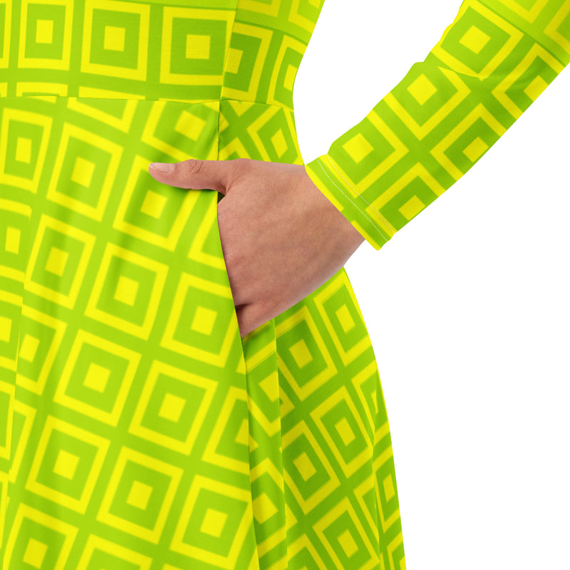 Lime-Green Matrix ong sleeve midi dress - Objet D'Art