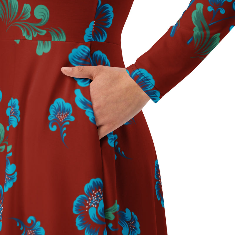 knee length dresses for ladies Burnt Orange Floral Long Sleeve Midi Dress S