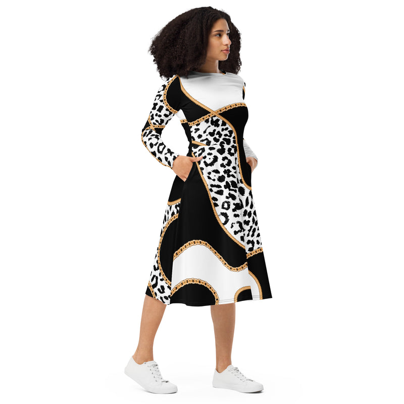 Chained Maiden Leopard Print long sleeve midi dress - Objet D'Art