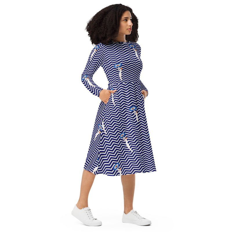 Art Deco Herringbone Long Sleeve Midi Dress M Art Deco Herringbone Long Sleeve Midi Dress M