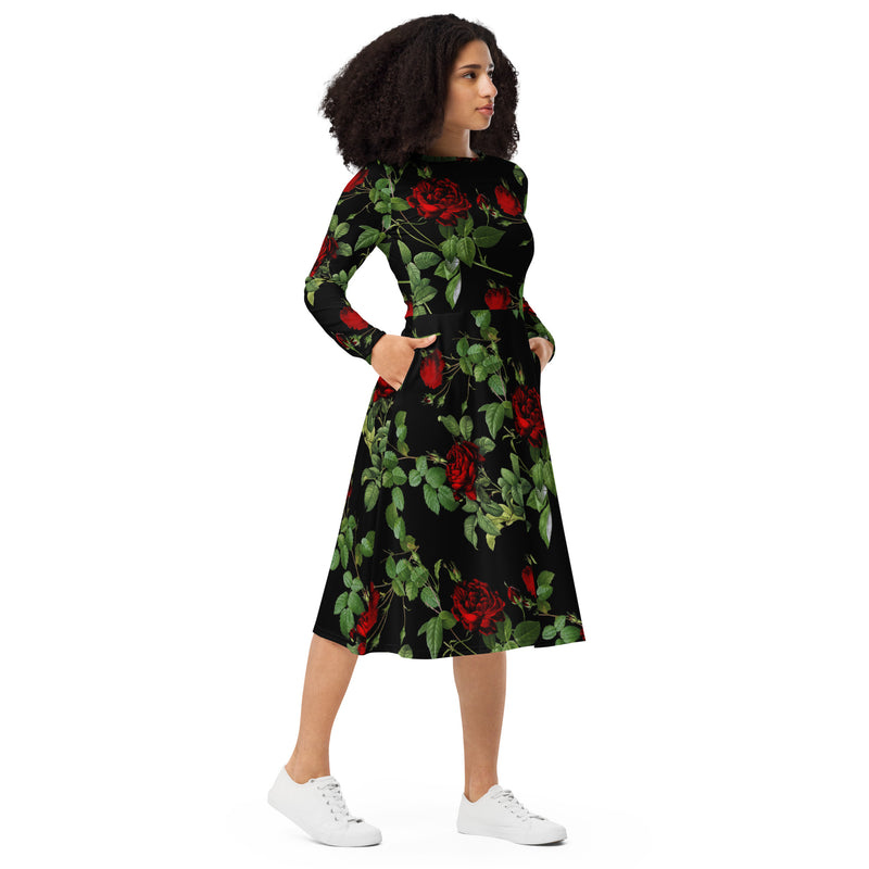 Rose Print long sleeve midi dress - Objet D'Art