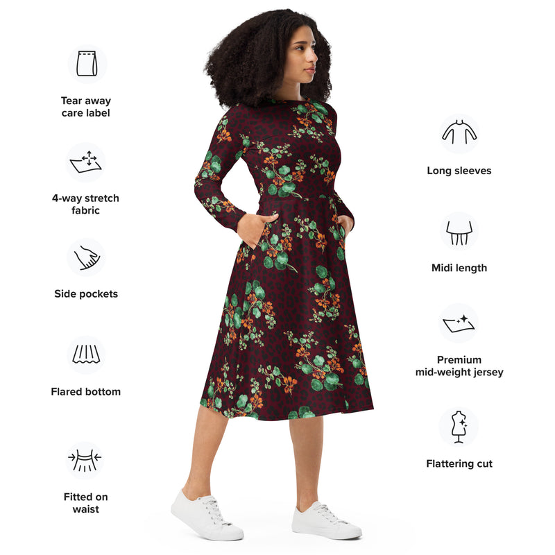All-over print long sleeve midi dress - Objet D'Art