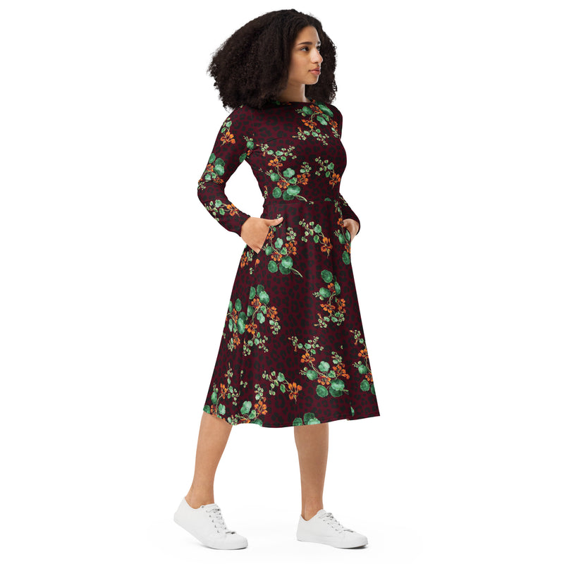 All-over print long sleeve midi dress - Objet D'Art