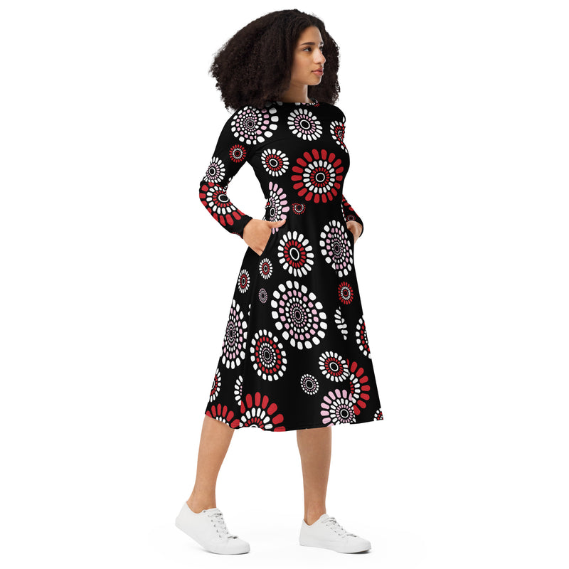All-over print long sleeve midi dress - Objet D'Art