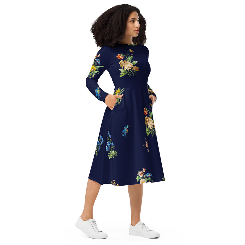 All-over print long sleeve midi dress - Objet D'Art