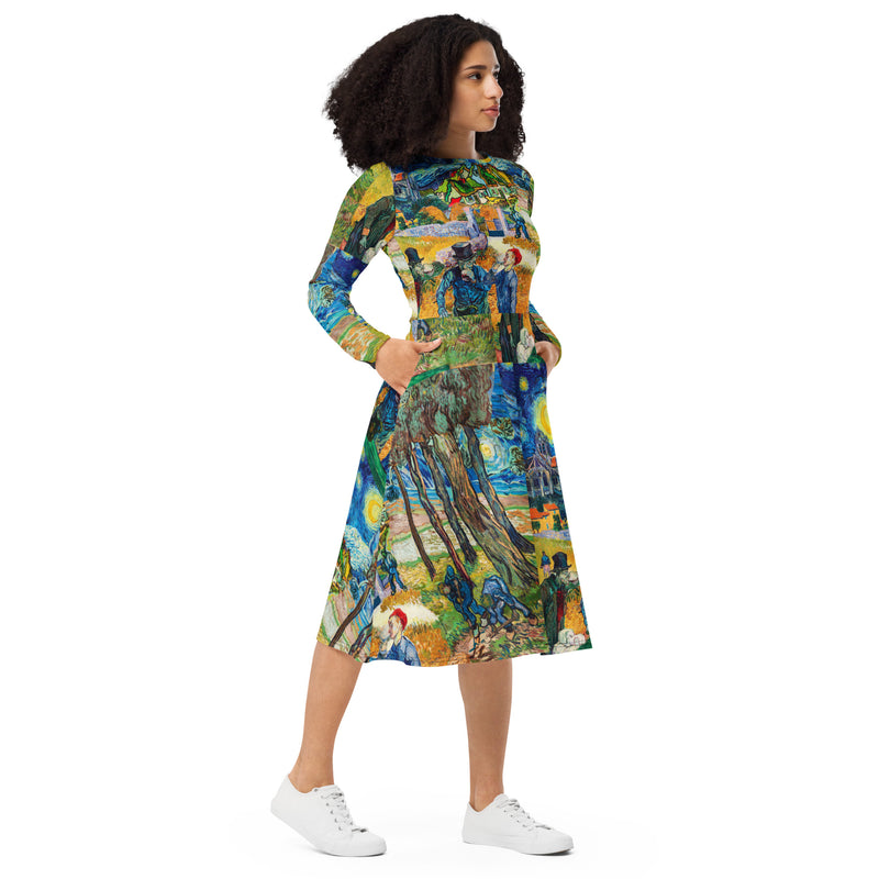 All-over print long sleeve midi dress - Objet D'Art