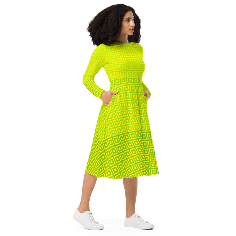 Lime-Green Matrix ong sleeve midi dress - Objet D'Art