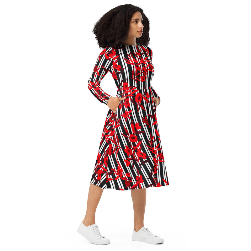 All-over print long sleeve midi dress - Objet D'Art