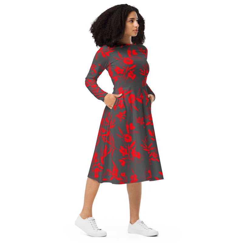 All-over print long sleeve midi dress - Objet D'Art