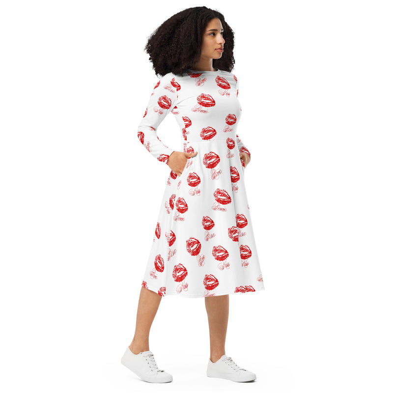 All-over print long sleeve midi dress - Objet D'Art