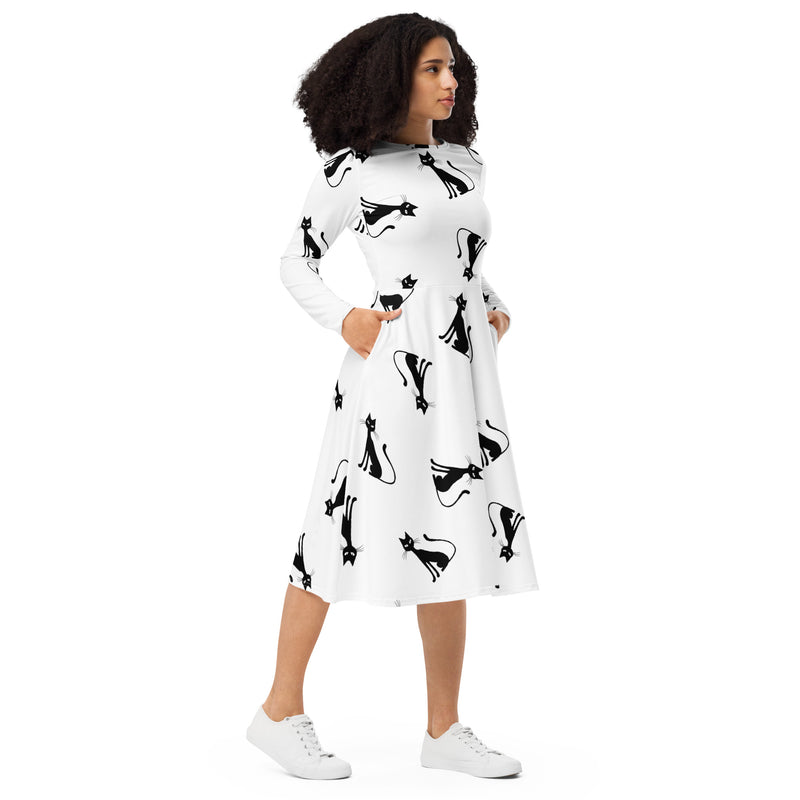 All-over print long sleeve midi dress - Objet D'Art
