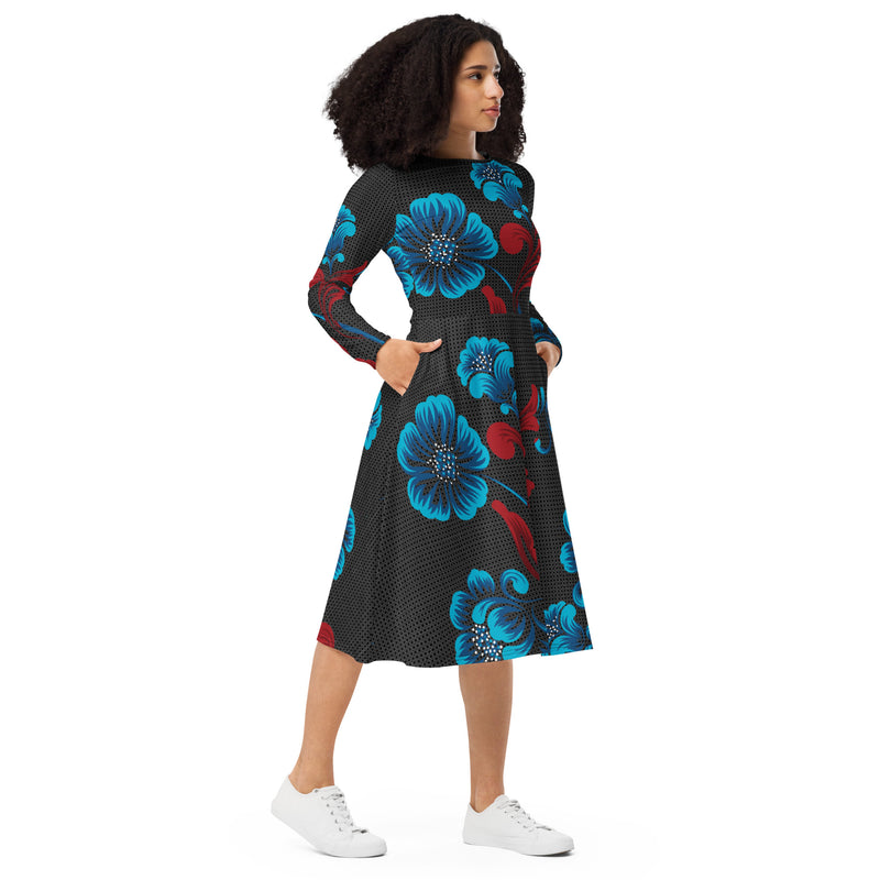 All-over print long sleeve midi dress - Objet D'Art