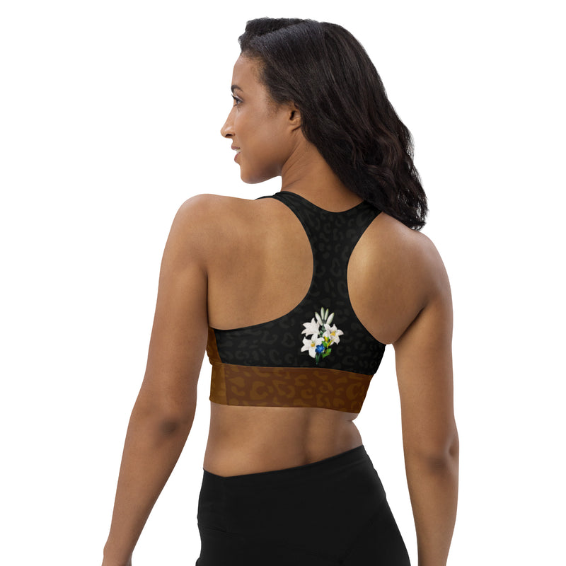 Lunging Leopards Blooming Lilies Longline sports bra - Objet D'Art