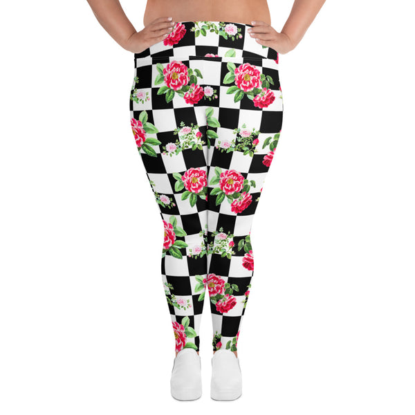 Roses on Checkered Print Plus Size Leggings - Objet D'Art