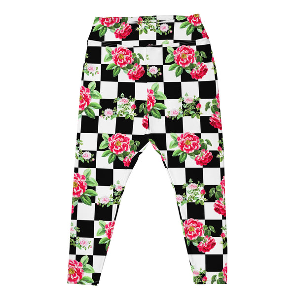 Roses on Checkered Print Plus Size Leggings - Objet D'Art