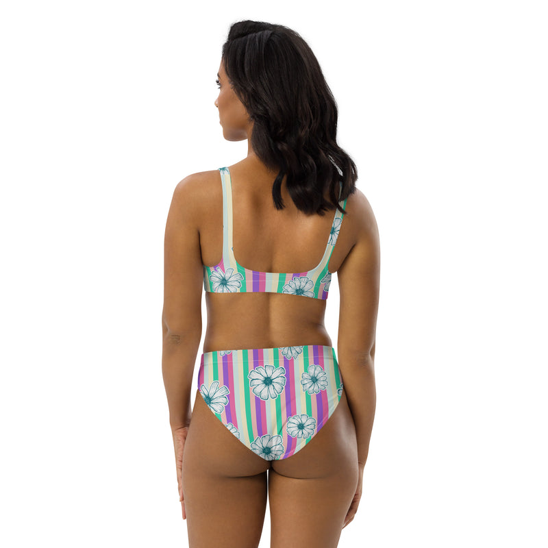 Pastel Floral Stripes Recycled high-waisted bikini - Objet D'Art