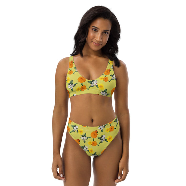 Pale Yellow  Floral Garden Recycled high-waisted bikini - Objet D'Art