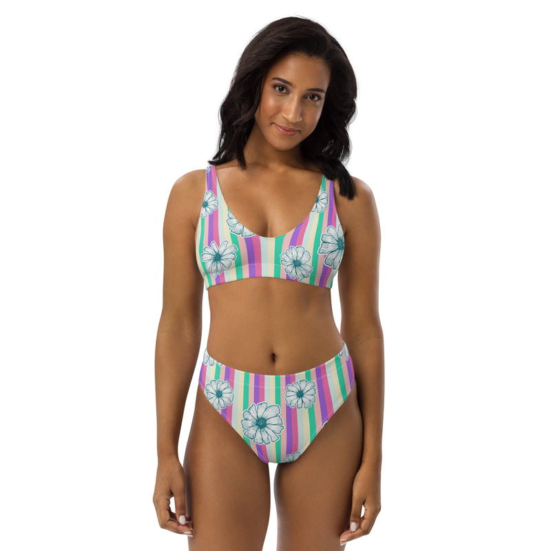 Pastel Floral Stripes Recycled high-waisted bikini - Objet D'Art