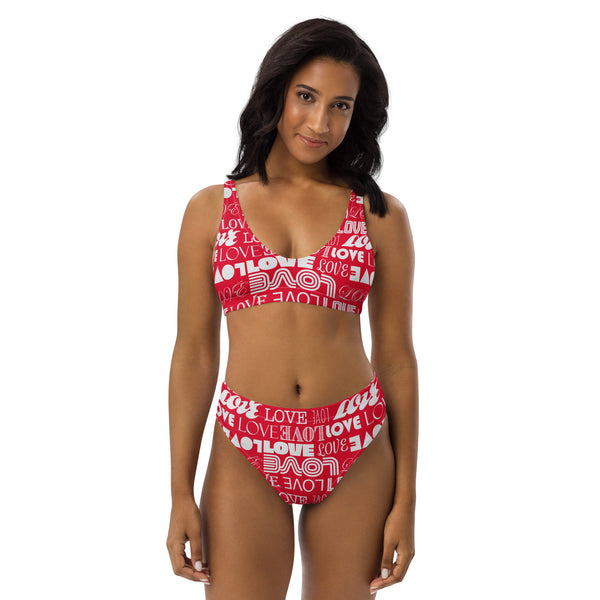 Flame Red Love Print Recycled high-waisted bikini - Objet D'Art