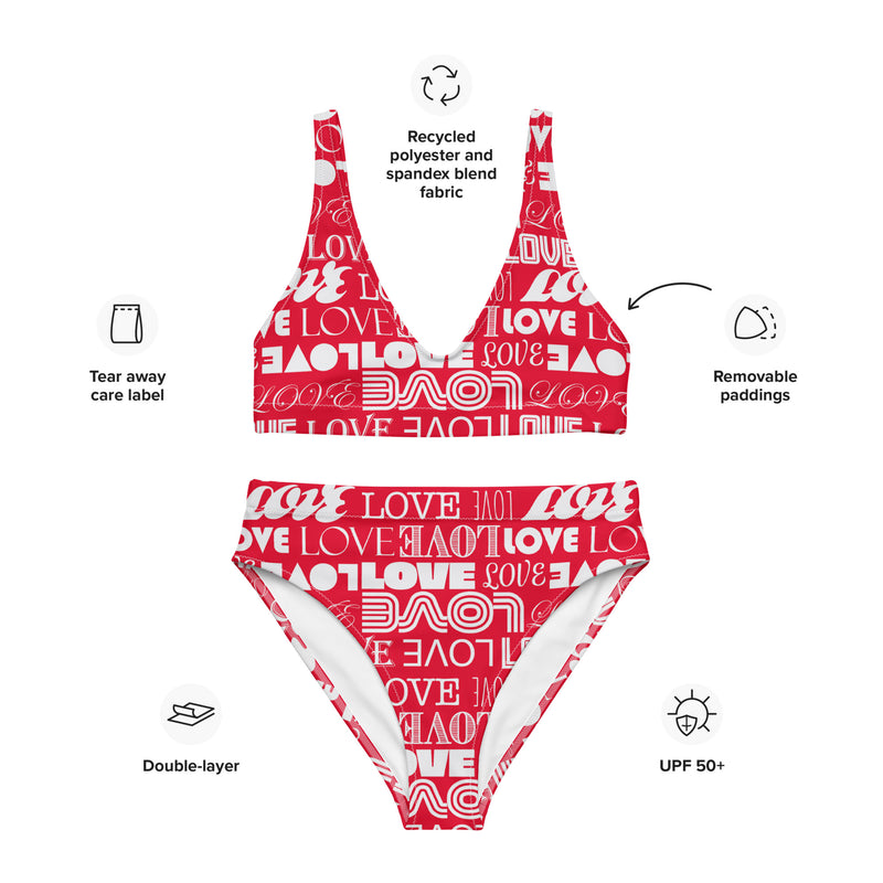 Flame Red Love Print Recycled high-waisted bikini - Objet D'Art