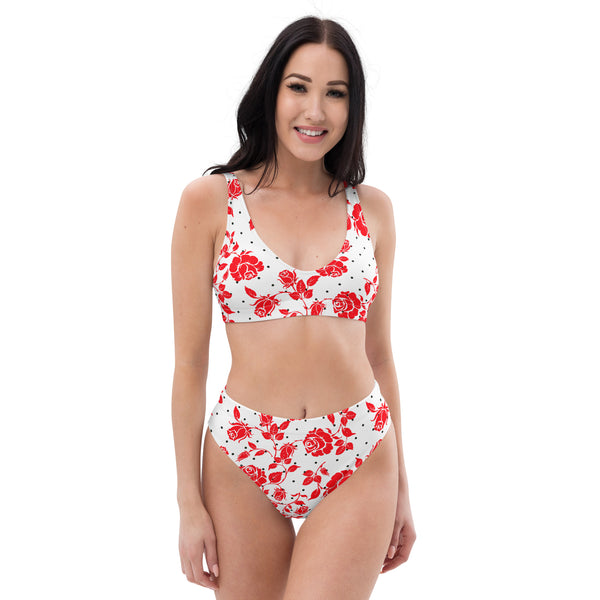 Red Roses and Polka Dots Recycled high-waisted bikini - Objet D'Art