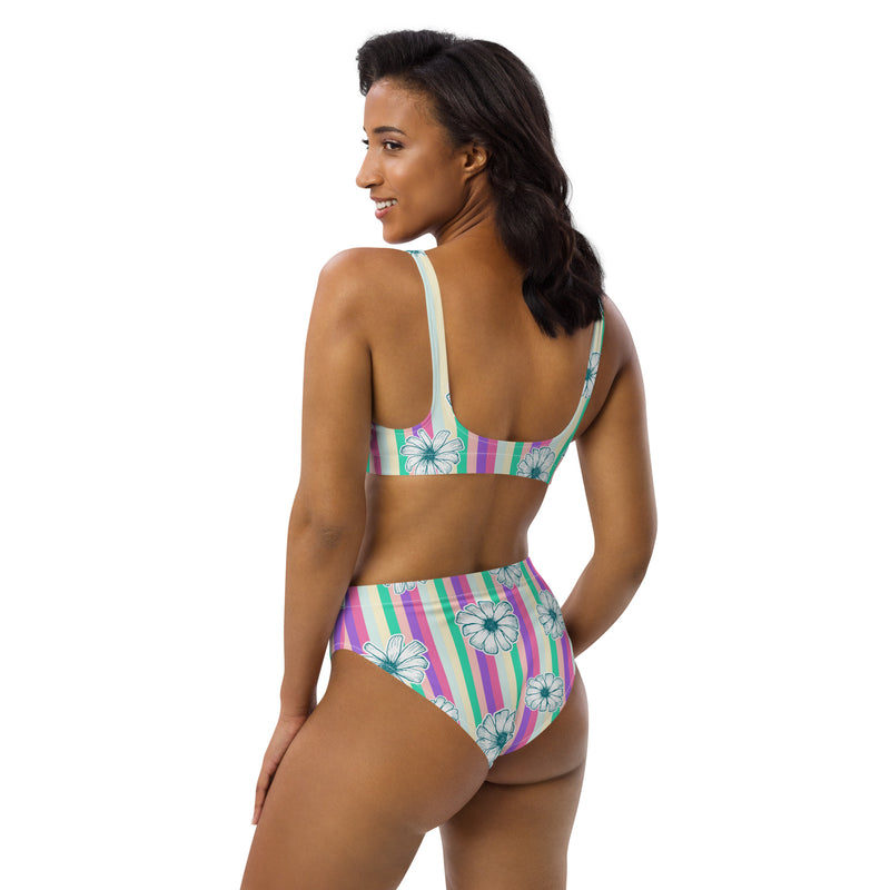 Pastel Floral Stripes Recycled high-waisted bikini - Objet D'Art
