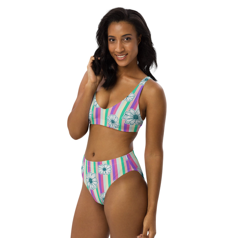 Pastel Floral Stripes Recycled high-waisted bikini - Objet D'Art