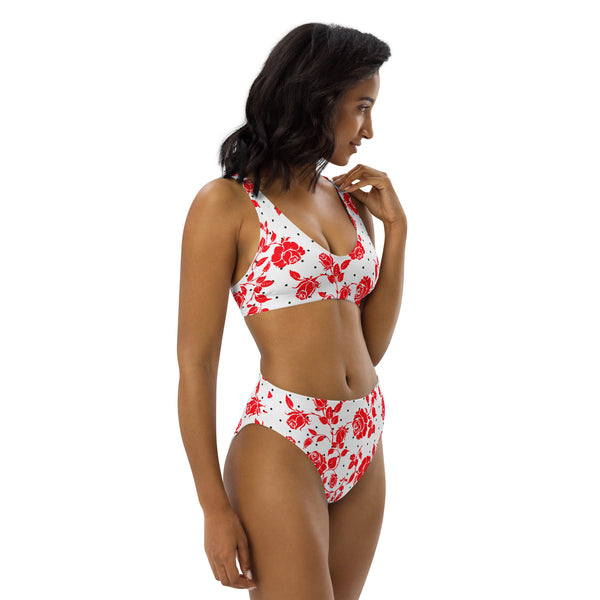 Red Roses and Polka Dots Recycled high-waisted bikini - Objet D'Art