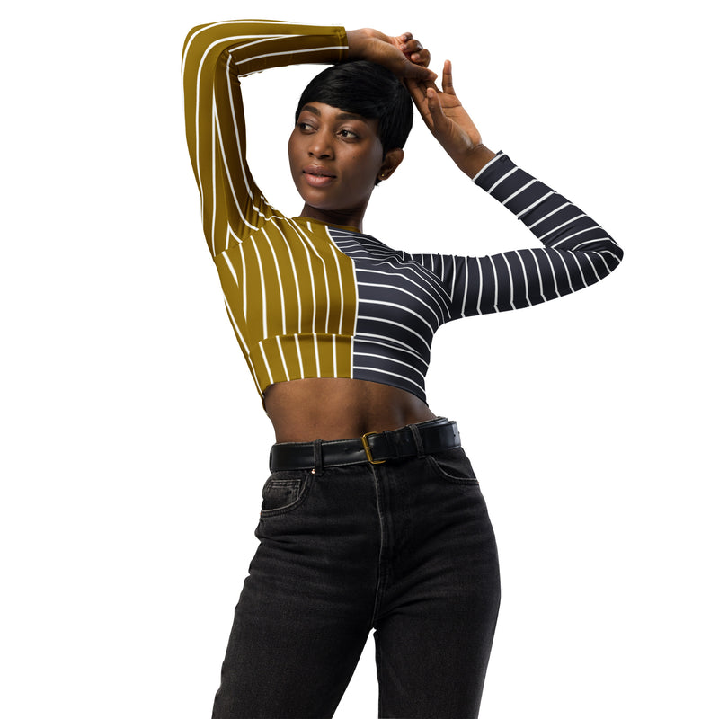 Bronze & Gunmetal Two Tone Striped Recycled long-sleeve crop top - Objet D'Art