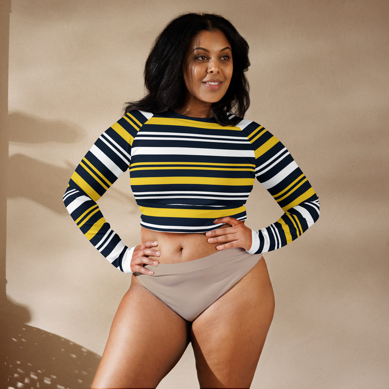 Blue & Gold Striped Recycled long-sleeve crop top - Objet D'Art