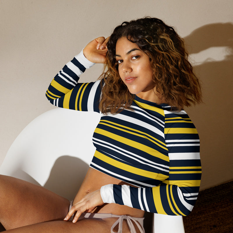 Blue & Gold Striped Recycled long-sleeve crop top - Objet D'Art