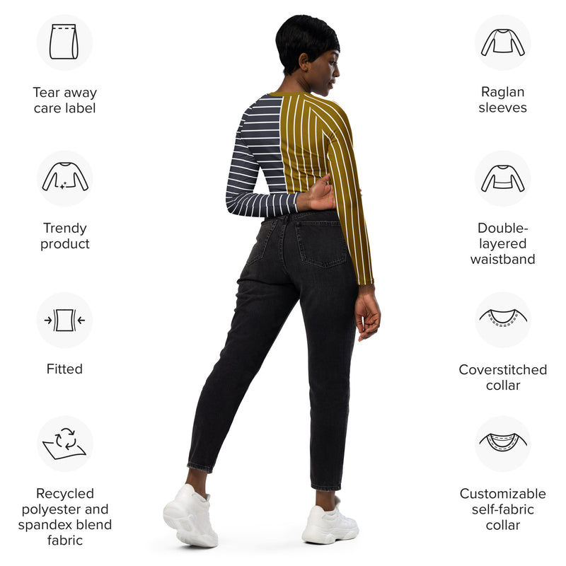 Bronze & Gunmetal Two Tone Striped Recycled long-sleeve crop top - Objet D'Art