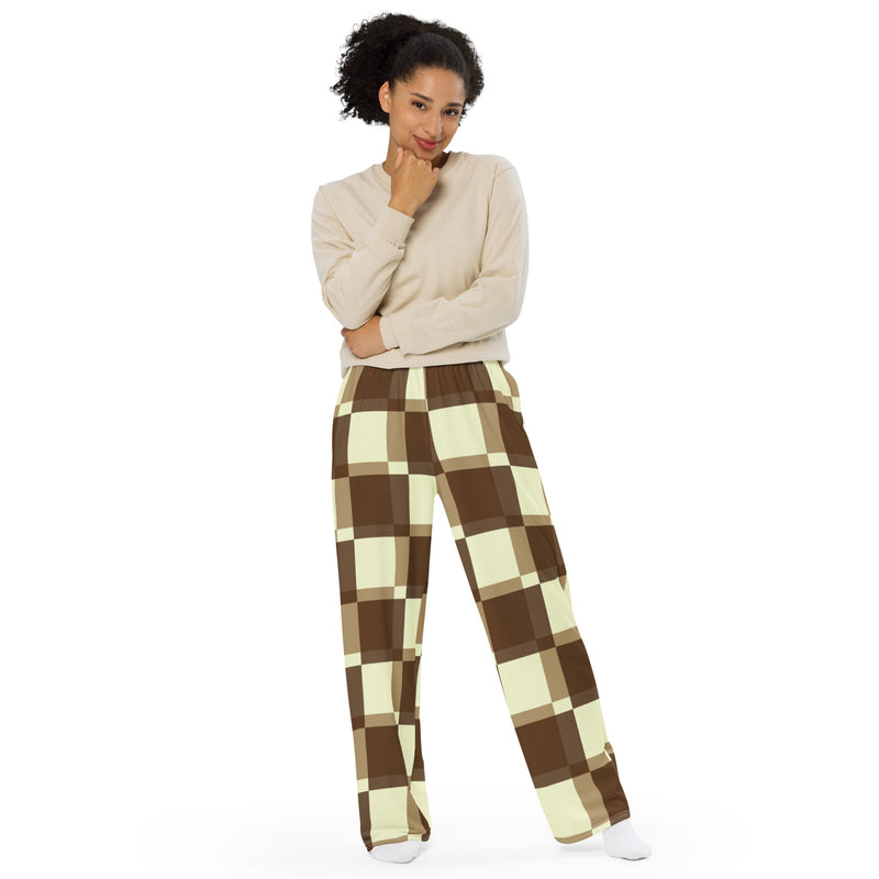 Superimposed Checkered Print  unisex wide-leg pants - Objet D'Art