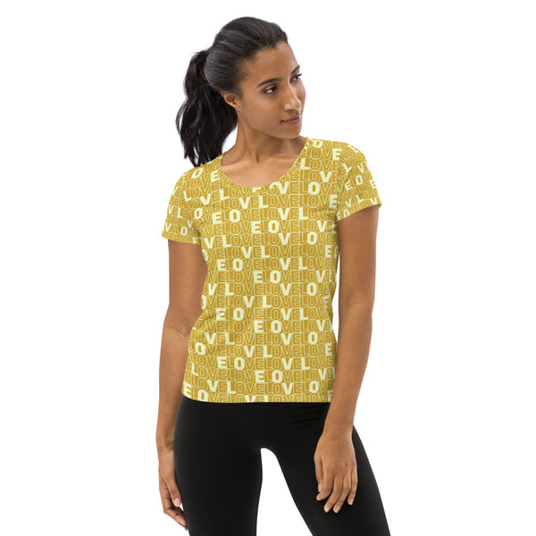 Gold Love Print Women's Athletic T-shirt - Objet D'Art