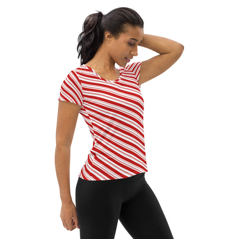 Candy Cane Striped Women's Athletic T-shirt - Objet D'Art