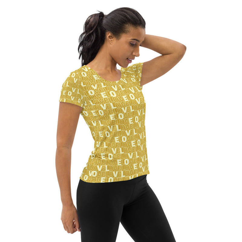Gold Love Print Women's Athletic T-shirt - Objet D'Art