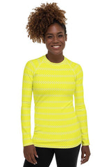 Yellow Striped Women's Rash Guard - Objet D'Art