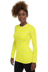 Yellow Striped Women's Rash Guard - Objet D'Art