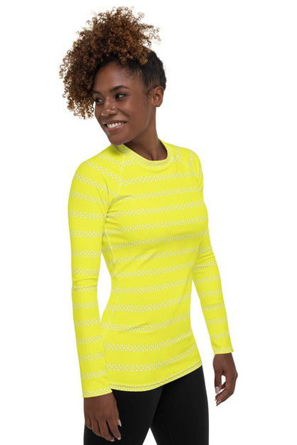 Yellow Striped Women's Rash Guard - Objet D'Art