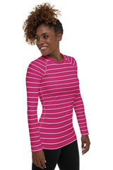 Striped Pink Women's Rash Guard - Objet D'Art
