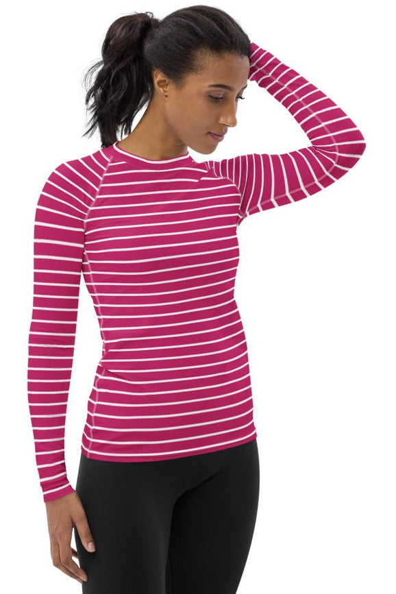 Pink Striped Women's Rash Guard - Objet D'Art