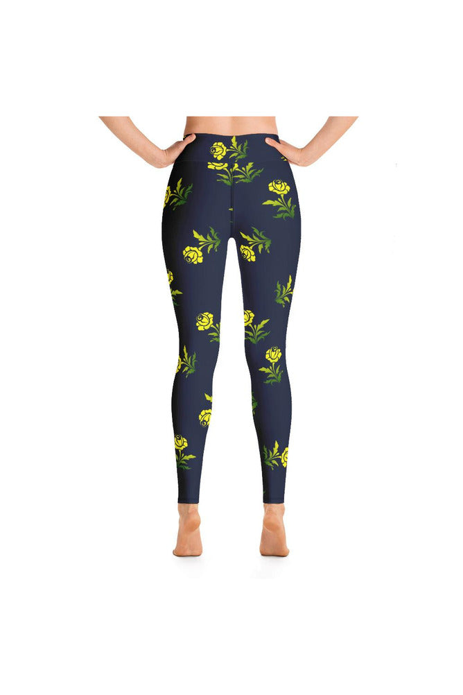 Yellow Flowers on Blue Yoga Leggings - Objet D'Art