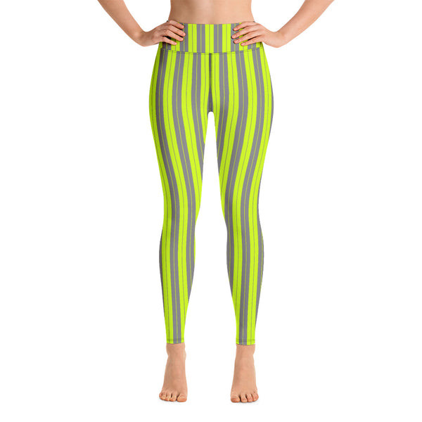 Lime Green & Gray Striped Yoga Leggings - Objet D'Art