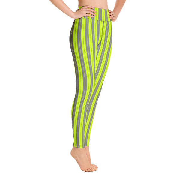 Lime Green & Gray Striped Yoga Leggings - Objet D'Art
