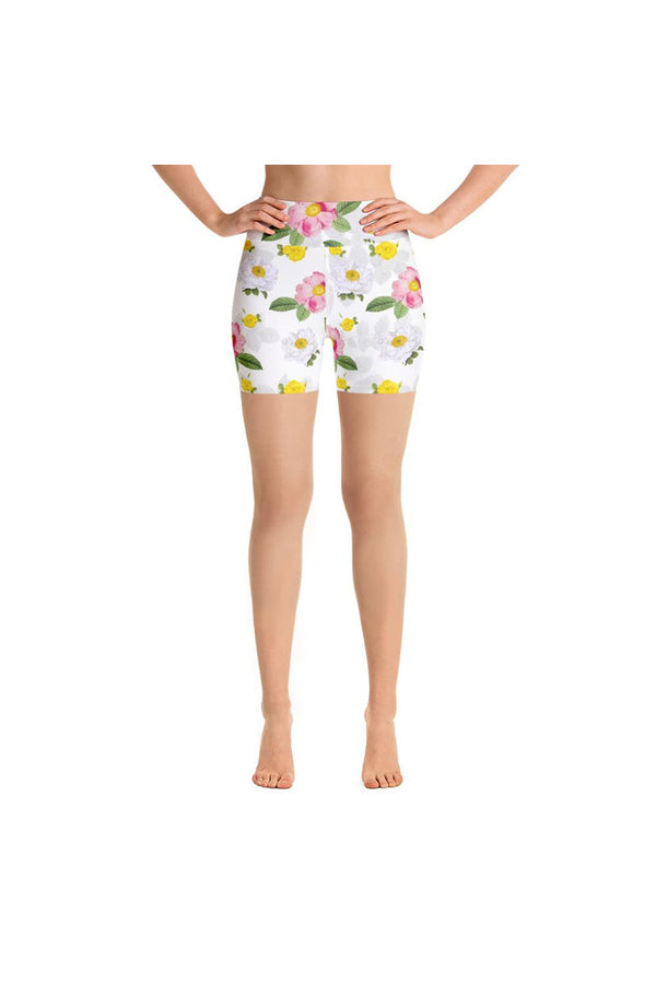 White Floral Flurry Yoga Shorts - Objet D'Art