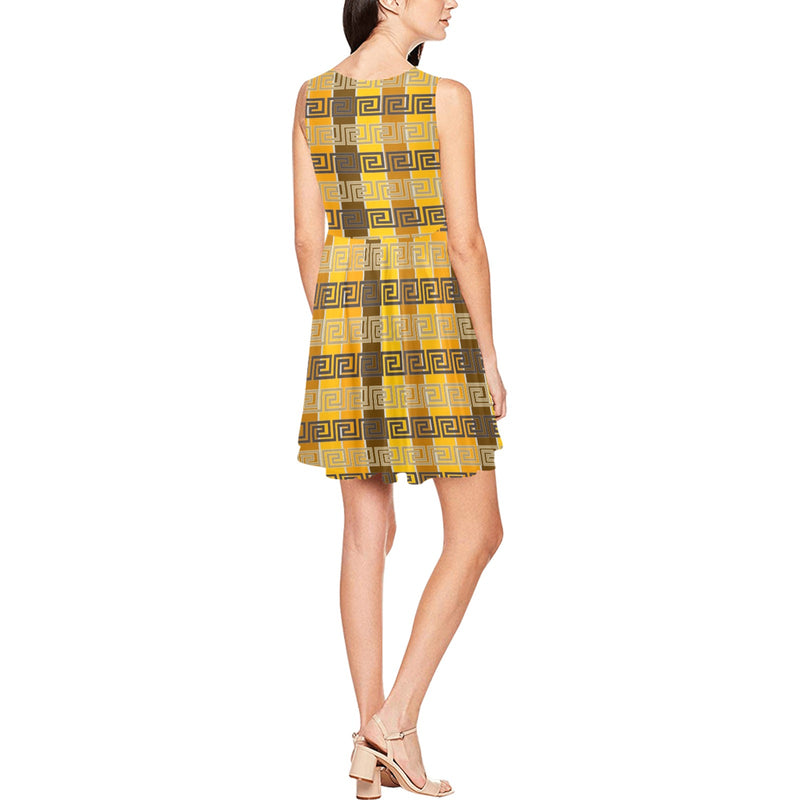 bronze greek key multishades of earth Thea Sleeveless Skater Dress - Objet D'Art