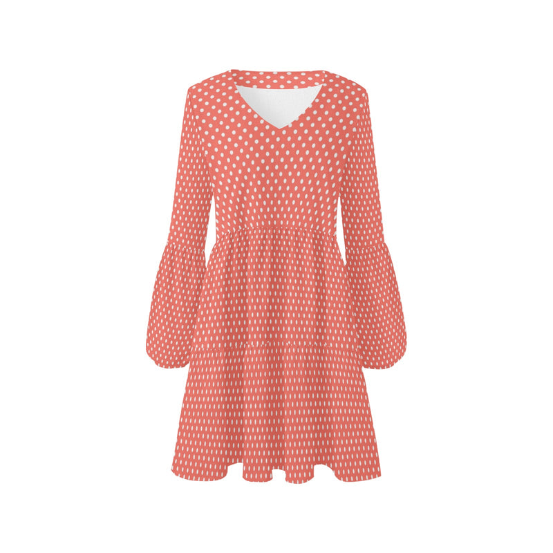 salmon polka dot print V-Neck Loose Fit Dress (Model D62) - Objet D'Art