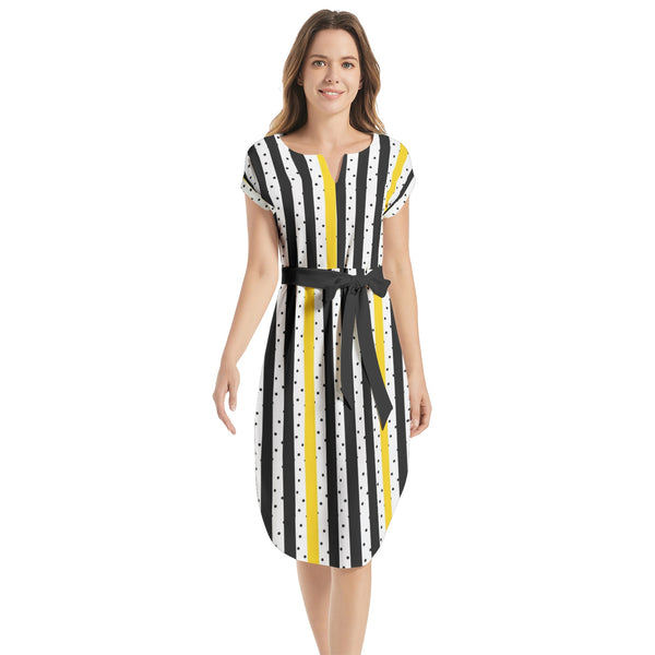 Notched Neck Belted Dress - Objet D'Art